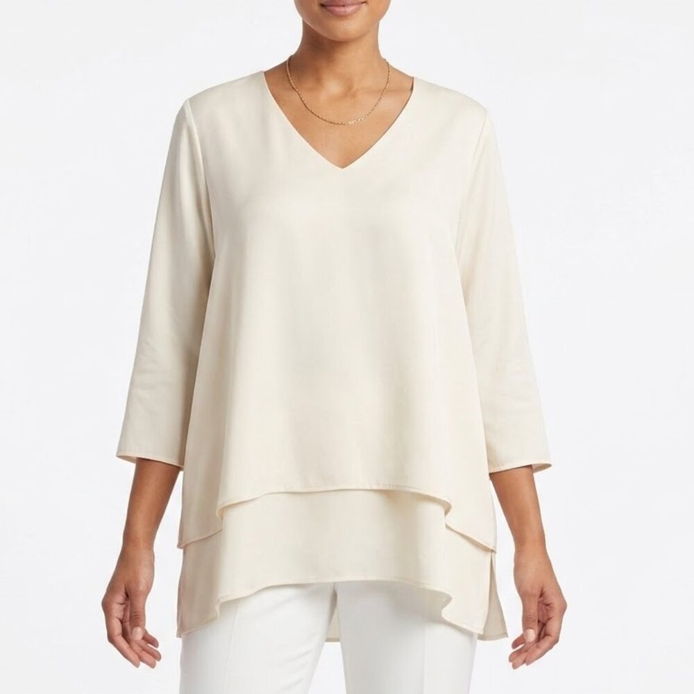 DG2 Diane Gilman Cream Mixed Media Layered Tunic Top V-Neck P2X Lagenlook